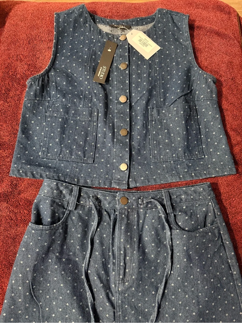 Studio by The Workshop Clothing Blue Polka Dot Denim Vest & A-Line Skirt Set